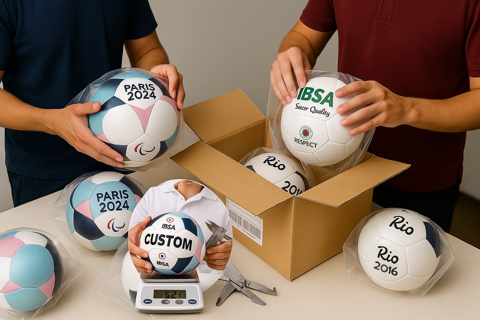 High-quality professional image showing the production and export process of IBSA-approved custom blind footballs. One technician is placing balls into protective polybags and export-grade cartons, while another is performing official IBSA quality control inspection using a digital weight scale and precision caliper. The football clearly displays CUSTOM branding, IBSA marking, and Paralympic-style color panels. The clean studio environment reflects global export standards, ISO-level quality assurance, and professional packaging reliability.