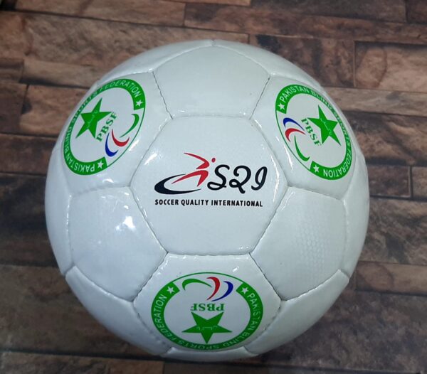 Custom blind football manufactured by Soccer Quality International in Pakistan, featuring the Pakistan Blind Sports Federation logo, designed with sound technology for visually impaired players.