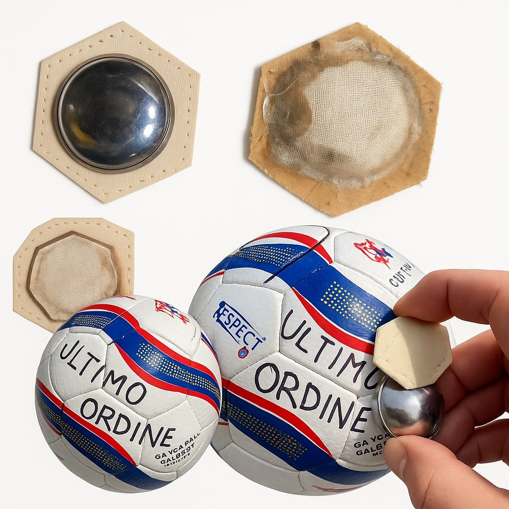 Hexagonal blind soccer panel with metal sound module being attached onto a modified soccer ball for visually impaired players. The image shows a close-up of tactile padded patches and hand installing the audio vibration panel, demonstrating professional assembly for blind football / IBSA Paralympic-style audible soccer ball. Designed for safe, sound-emitting football use for blind and low-vision athletes.