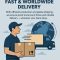 Professional promotional illustration showing a delivery worker holding a package beside a moving truck, with a globe and directional arrow representing international logistics. The design includes text “Fast & Worldwide Delivery” and the tagline “With efficient production and global shipping, we ensure quick turnaround times and reliable delivery — wherever your team plays.” Clean blue tones, minimal modern style.